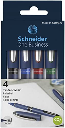 Schneider One Business Rollerball Pen, 0.6 Mm Ultra-Smooth Tip, Blue Barrel, Four-Pack, One Each Of: Black, Red, Blue, Green (183094) #TOP1