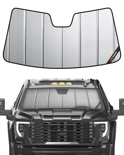 Pigenius Windshield Sun Shade for Chevy Silverado & GMC Sierra 1500/2500/3500 2019-2026 (WT, Custom, Pro Trims) - Fits All Trims 2019-2021, Non-HUD Models Only, Premium Grey Leather Finish