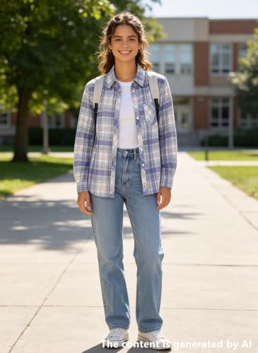 Image of SANGTREE Women and Girls Long Sleeve Flannel Casual Button Down Plaid Shirt