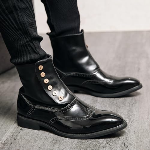 Mens Patent Leather High-Top Pull On Brogue Ankle Boots Pointed Toe Chunky Heels Non-Slip Casual Shoes for Business Casual Dress Prom Party3