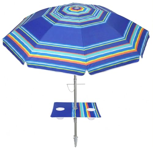 PASAMIC 7ft Beach Umbrella for Sand Featuring a Built-in Table with Sand Anchor & Tilt UPF 50+ Protection Beach Umbrella for Heavy Duty Wind with Bag and Hook Dark Blue StripesRandom pattern