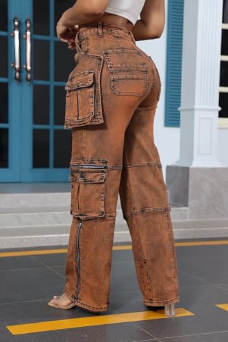 Ryehack Jeans Cargo Pants for Women Y2K Straight Leg Side Zipper Denim Pants with Pockets Stretch Jeans Streetwear3