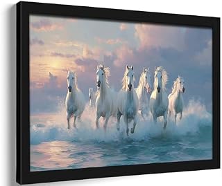 Seven Running Horses Painting Vastu Wall Art Black Frame Poster 36 x 24 In 7 Lucky Horse Pictures CanvasLarge Animal Posters Artwork Living Room Bedroom Decor Office Room Decor (40L"x 28W“,Black Framed)