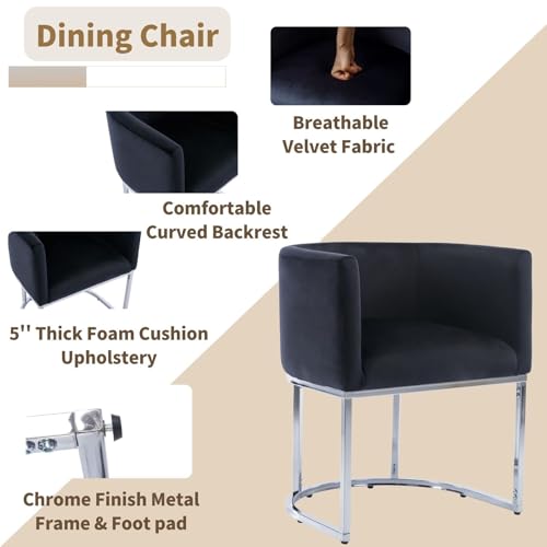 Image of HNY Mid Century Modern Upholstered Barrel Dining Chairs with Arms Set of 2, Velvet Kitchen & Dining Room Chairs, 18.5 inch Wide Accent Chairs for Dining Room Living Room with Chrome Metal Frame, Black