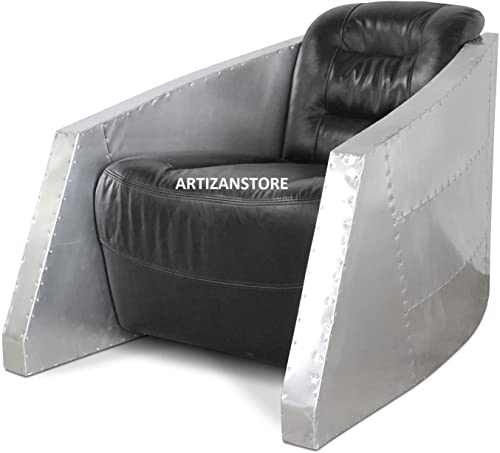 Artizanstore Aviator Bullet Leisure Arm Chair - Genuine Black Leather - Aluminium #TOP1