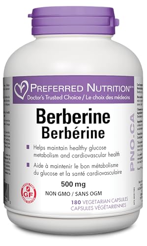 Preferred Nutrition Berberine MAXIMUM POTENCY 1000 mg per Serving (2 caps, 500 mg each) for Cardiovascular Health & Supporting Blood Sugar Metabolism. 180 vcap, 90 Day Supply