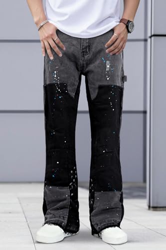 GINGTTO Mens Flared Jeans Streetwear Stretch Slim Fit Carpenter Denim Pants for Men Contrast Painted Design Grey 322