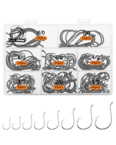 UCEC 200PCS Circle Hooks Fishing Hooks Set, 2X Strong Offset Circle Hooks, High Carbon Steel Corrosion Resistant Fishing Hooks for Freshwater & Saltwater, Sizes 1/0 2/0 3/0 4/0 5/0 6/0 7/0 8/0