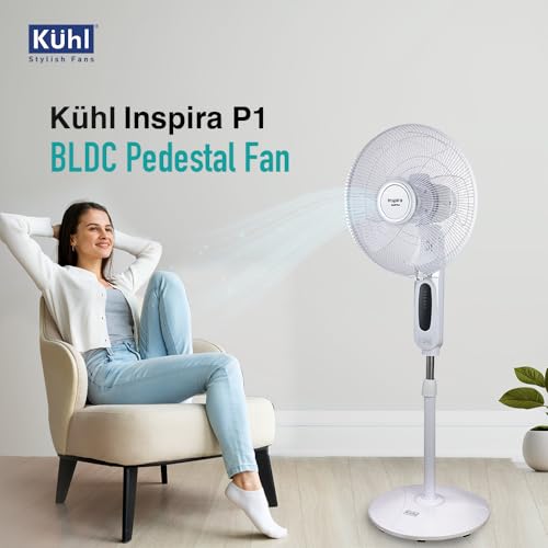 Image of KUHL Inspira P1 | 400mm | BLDC Pedestal Fan with Remote | 5 wings | Touch Screen Control Panel | Height Adjustment | Tilt Mechanism, Swivel Function | Low Noise | White