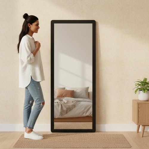 Image of Creative Arts n Frames 21 x 51 inch Full Length Dressing Chevel Long Fiber Wood Rectangular Framed HD Mirror Home Wall Living Room Decor Items (Classic Black Color Framed HD Mirror)
