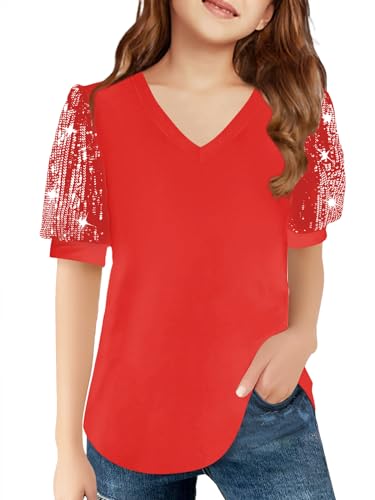 Haloumoning Girls Sequin Puff Short Sleeve Tunic Tops Kids Casual Loose V Neck Summer T Shirts Blouse 5-14 Years