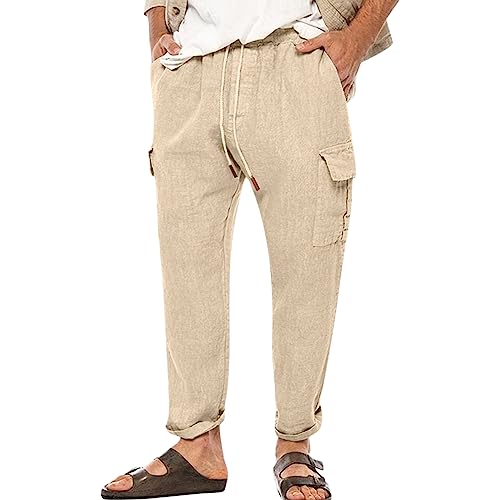 Wankang Men's Linen Cargo Pants Summer Relaxed Casual Beach Travel Pants Lightweight Hiking Joggers Trousers for Men