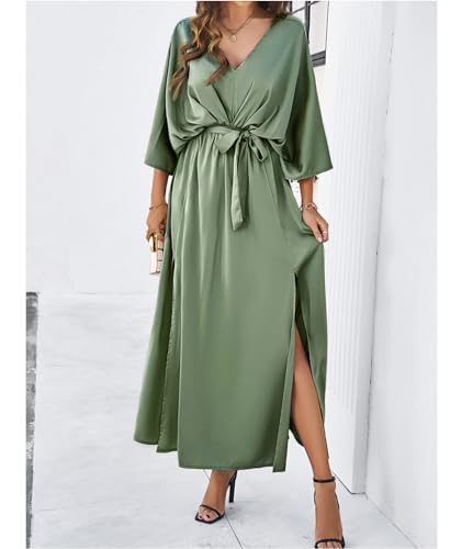 Image of SEMATOMALA Women's Satin Batwing Sleeve Cocktail Evening A Line Long Dress V Neck Ruched Loose Maxi Dress