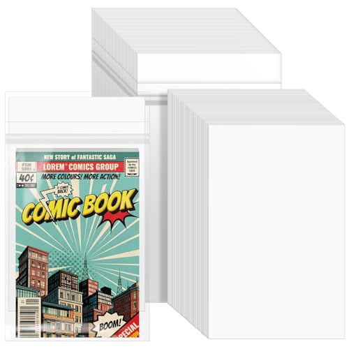 VOKOY 50 Sets Resealable Current Size Comic Book Bags and Boards Crystal Clear Self Sealing Comic Book Sleeves with Double-Sided White Cardboard Regular Comics Magazine Storage for Collector Business