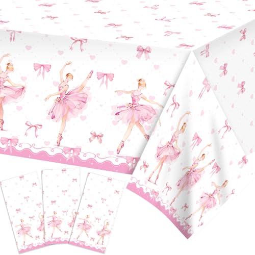 Adirasenotek 3 PCs Pink Ballet Themed Tablecloth Ballerina Party Decorations with Tutu Bow Design, Disposable Plastic Table Cover for Girl's Birthday Party, Baby Shower, Tea Party Supplies by Adirasenotek - Used condition - US$6.09