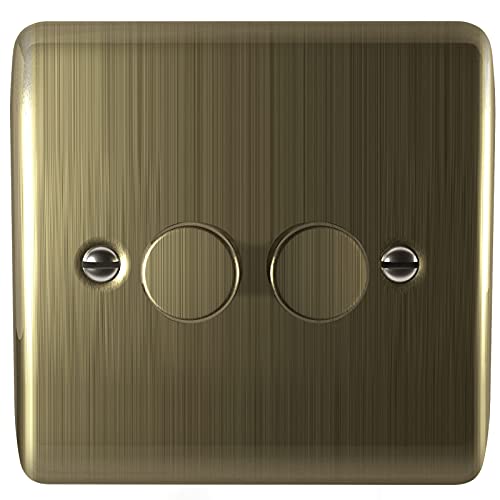 Zigtiger LED Dimmschalter, Metall Dimmer Schalter für LED-Leuchten/Glühlampen/Halogen, Phasenabschnitt-Dimmschalter, Antik-Messing, 2 Gang 2-Wege Cover