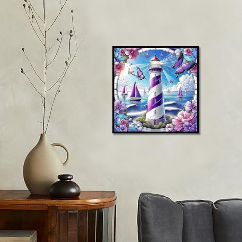 Image of AiYuanzsh Lighthouse Diamond Painting Kits for Adults, Sailing Sea Landscape 5D Diamond Art Kits for Adults, DIY Full Drill Round Diamond Dot Gem Art Wall Decor 13.8x13.8 Inch