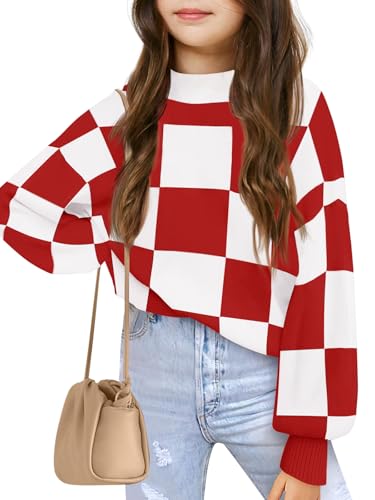 Image of Girls Sweaters Kids Fashion Plaid Mock Neck Pullover Sweater Tops 5-14 Years