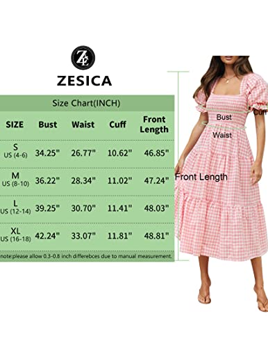Zesica Women's 2023 Bohemian Summer Plaid Square Neck Puff Sleeve Ruffle Flowy Beach Midi Dress,Pink,Medium #TOP4