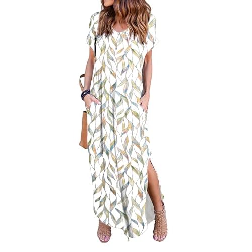 HUSKARY Women's Summer Maxi Dress Casual Loose Pockets Long Dress Short Sleeve Split Maxi Dresses X-Large White Leaves