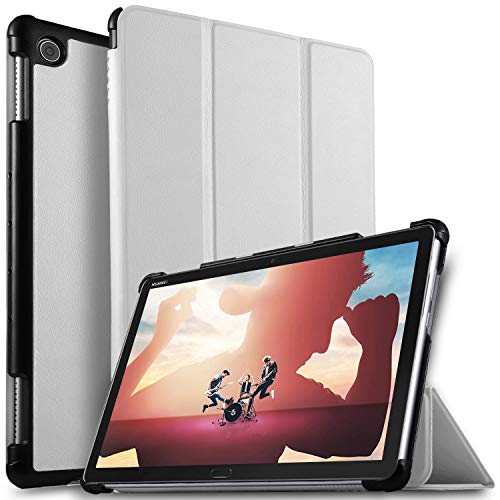 ELTD Custodia Cover per Huawei MediaPad M5 Lite 10, Lightweight Pelle con Funzione di Stand Flip Copertina per Huawei MediaPad M5 Lite 10 10.1 Pollice 2018, Bianco