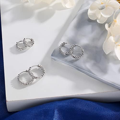 Small Silver Hoop Earrings for Women Men Sterling Silver Earring Post Leaf Hinged Huggie Hoops Hypoallergenic Cartilage Helix Sleeper Earings Pierxings Jewellery (8/10/12mm)