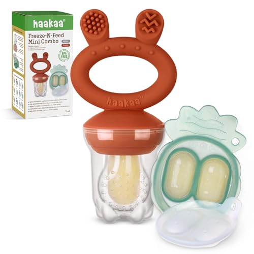 Image of Haakaa Baby Fruit Food Feeder & Mini Freezer Nibble Tray Combo, Breastmilk Popsicle Molds for Baby Cooling Relief, BPA Free Silicone Feeder for Safe Infant Self Feeding, 4 Month+ (Copper)