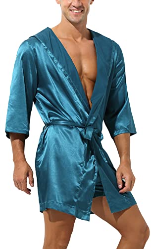 Panegy Men'S V-Neck Pajama Bathrobe One Piece Sleep Robe Loose Fit Casual Loungwear Silk Satin Kimono Bathrobe Soft Lightweight Sleepwear Belted Spa Shower Robe cover