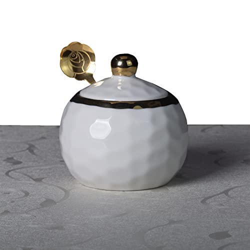 Ceramic Honey Jar with Lid and Gilded Spoon , Honey Pot Dispenser Container with Dipper , Mini Honey Jars in Bulk 8OZï¼ˆDiamond Whiteï¼‰