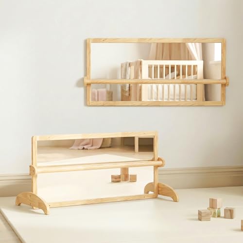 Jasdego Montessori Mirror with Bar 3-in-1 Montessori Standing Mirror for Toddlers 6-36Months Wall Mirror with Pull Up Bar for Baby Sensory Toys Wooden Montessori Pull Up Bar for Home 47.2x22.8