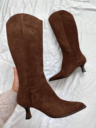 Coutgo Womens Knee High Boots Kitten Heel Pointed Toe Tall Boots Side Zipper Fall Winter Shoes2