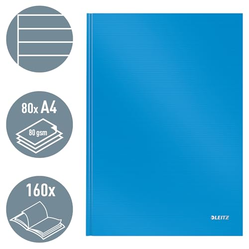 Leitz A4 Notizbuch liniert, 160 Seiten, 80 Blatt FSC zertifiziertes 80 g/m² Papier, Stabiler, kratzfester Hardcover-Einband, Für Büro, Schule oder als Tagebuch, Solid Serie, Hellblau, 46650030