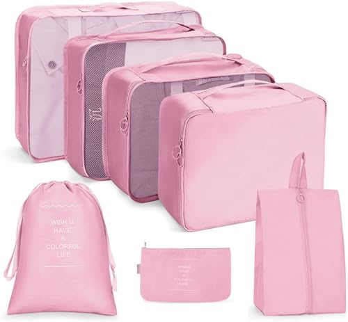 Image of Packing Cubes for Travel, 7-Piece Luggage Organizer Set with Shoe Bag & Laundry Pouch, Lightweight Compression Travel Organizers for Suitcases, Carry-On & Backpacks (BLUSH)