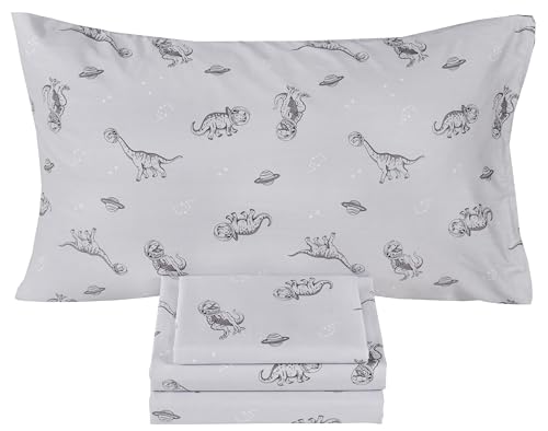 Image of Scientific Sleep Gray Dinosaur Space Walk Universe Travel 100% Cotton 4 Pcs Twin Bed Sheet Set Kids Toddler Teen, Flat Sheet & Fitted Sheet & Pillowcase Kids Bedding Set Full