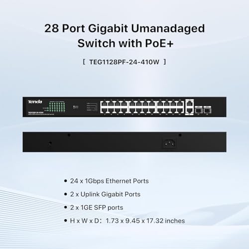 Image of Tenda 28 Port Gigabit PoE Switch | Rackmount PoE Ethernet Switch | 24*PoE+ Port & 2*Gigabit Uplink & 2*SFP Slot | Up to 410W | Smart Power Management | One-Key VLAN / Priority / Extend Mode (TEG1128P)