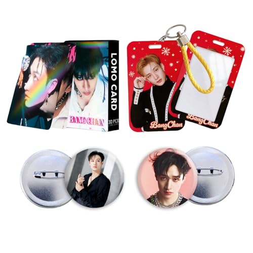 Stray Kids Album Photocards 30 PCS Stray Kids Laser Card 2 pcs Album Stray Kids Button pins 1 pcs Stray Kids id Card Holder (Bang Chan)