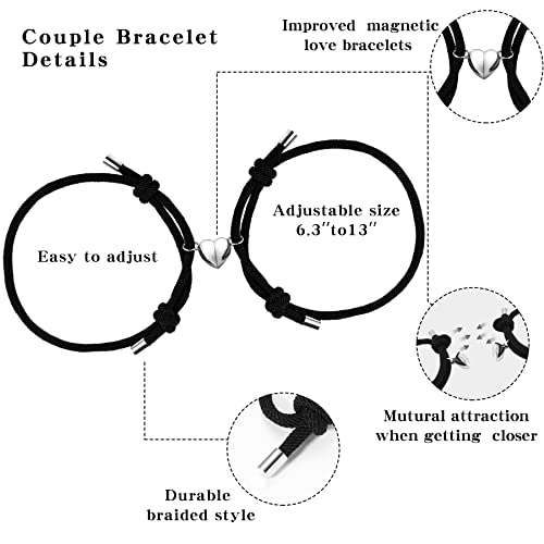 Magnetic Couples Bracelets Matching Bracelets For Couples Boyfriend Girlfriend Best Friend Heart Magnet Mutual Attraction Eternal Love & Wish Gift（2Pcs Black&Black） #TOP2