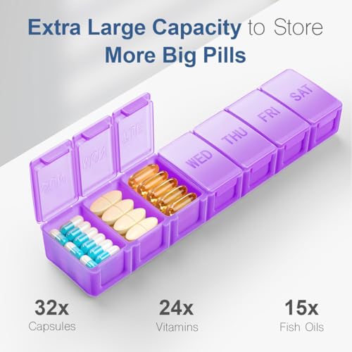 Image of Extra Large Pill Organizer Weekly, KAPENS Daily Pill Case Box Large Capacity Compartments, 7 Day Pill Containers for Medicine Supplements Vitamin Fish Oil, Purple