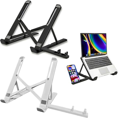 Suporte para Notebook e Macbook Ergonômico Dobrável – Ajustável com 13 Alturas, Ventilado, Antiderrapante, com Estojo e Apoio Extra para Celular – Compatível com Tablets (Preto)