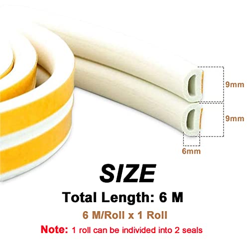 Draught Excluder Tape for Door Window, Self-Adhesive Weather Stripping, 6M Type D Sealing Foam Tape Strip Against Cold Draught/Anti-Collision/Soundproof/Waterproof/Dustproof White