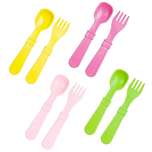 Re-Play Toddler Forks and Spoons Set - 4x4 Toddler Utensils Set - Dishwasher and Microwave Safe - Made in USA - Pack of 8-5.8' x 1.2' x 0.2' - Tulip