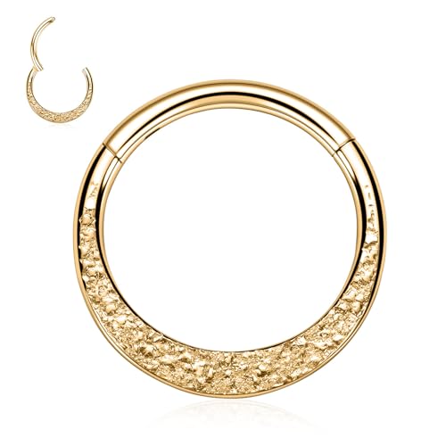 Septum Nose Ring & Earrings Set - Conch, Daith, Rook, Helix, Cartilage & Tragus - Gold Surgical Steel 16G Seamless Clicker Ring - Irregular Hammered Surface - 8mm
