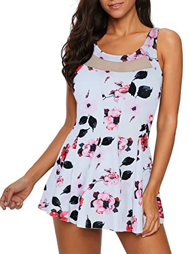 Womens Swim Dress Plus Size Bathing Suit Halter One Piece Swimsuit for Women Swim Skirt with Boyshorts E Red Floral 8-10