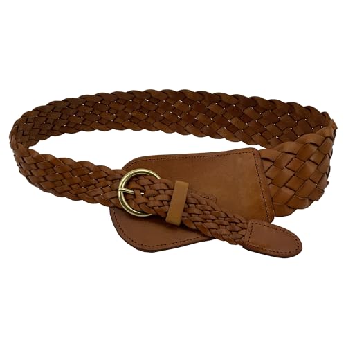 NickyVerse Women's High Low Waist Hand Made Braided Woven Solid Soft Vintage Cowhide Full Grain Taper Leather Boho Concho Belt (Tan, 26-30(end to end 36) Inches)
