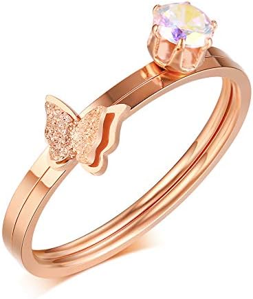 PJ Jewelry Thin Rose Gold Stainless Steel 2 in 1 Ring Butterfly CZ Stone Band for Women Girls
