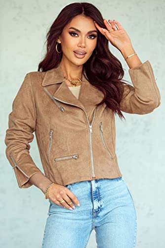 Roskiki Evaless Womens Slim Tailoring Faux Suede Jackets Short Jacket Coat Moto Biker Jacket Khaki M #TOP2