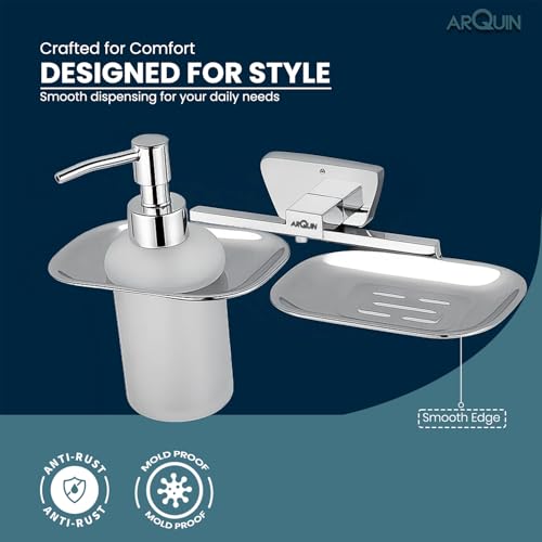 Image of Arquin 304 Stainless Steel Soap Dish with Dispenser Soap Box for Handwash Shampoo & Sanitizer Liquid Dispenser, Corrosion-Resistant & Wall-Mountable Bathroom Accessories Chrome Finish (Aquarius)