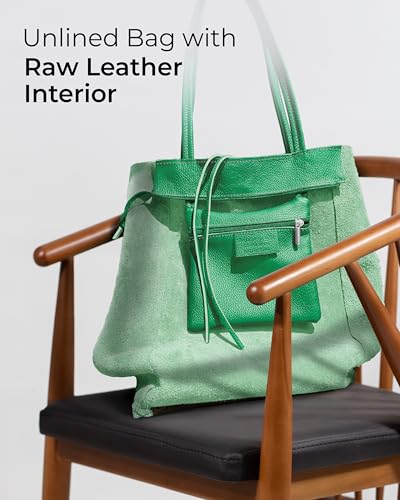 Image of Genuine Italian Leather Tote Bag for Women, Large Slouchy Purse, Green | Unstructured bag, raw unlined interior with zip pocket, top zipper, side ties, folds flat, fits a 16-inch laptop, lightweight