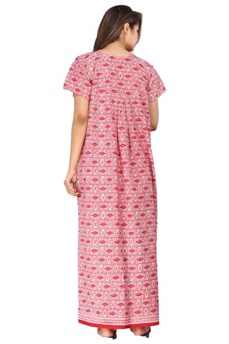 Image of Kuruti B Sheets Cotton Nighty for Women Jaipuri Print 2 Button Round Neck Short Sleeve Night Gown | Maxi Dress