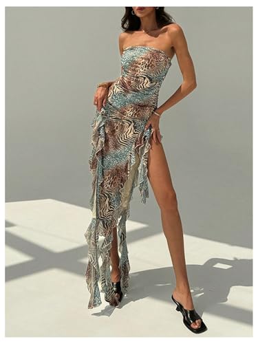 Image of WDIRARA Women's Strapless Leopard Print Ruffle Asymmetrical Pencil Maxi Dress